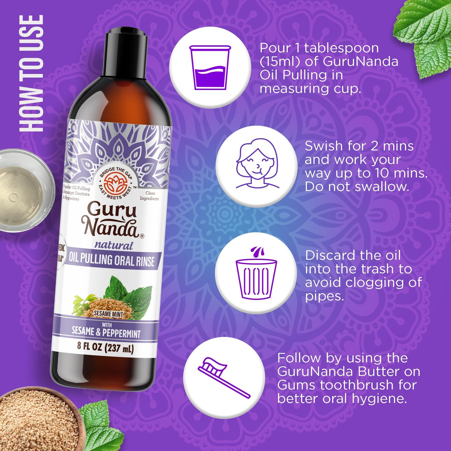 GuruNanda Refresh & Brighten Oral Care Bundle – Sesame Mint Oil Pulling Mouthwash & 16-Day Whitening Strips for Natural Care, Happy Gums & a Confident Smile