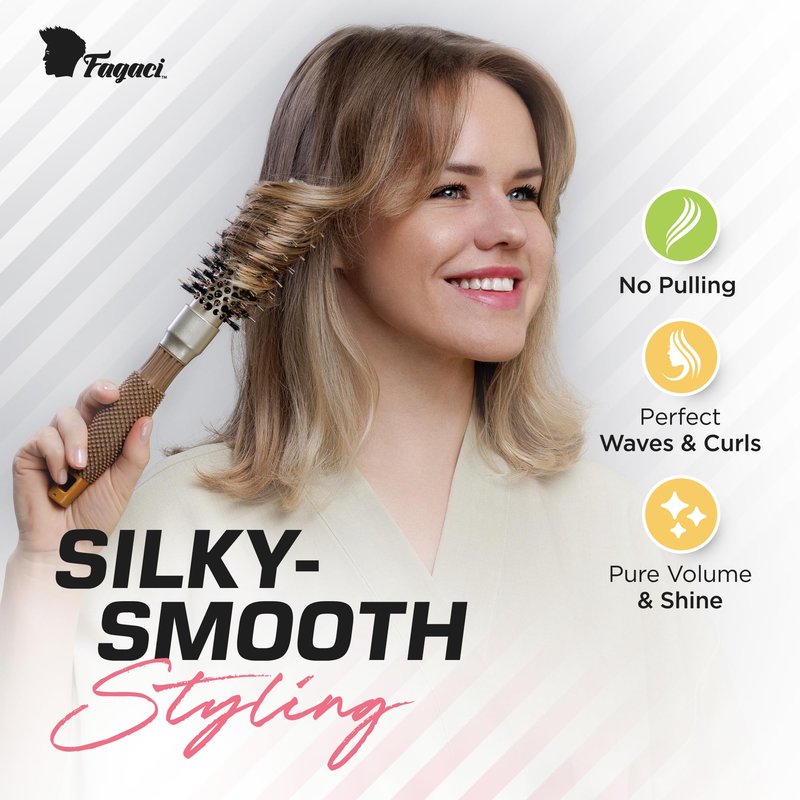 Fagaci Small Round Brush with Natural Boar Bristle for Blow Drying, Hair Styling, and Volume | Nano Technology Ceramic + Ionic for Healthy Hair