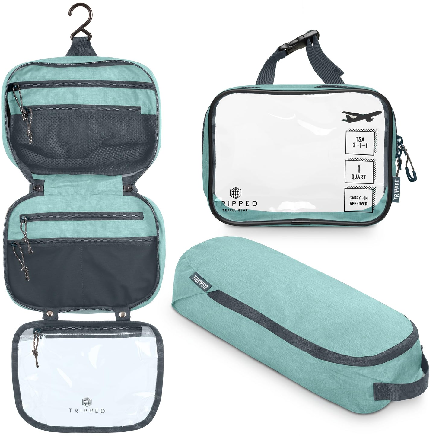 Toiletry Bag Kit 3 Piece Set: Hanging Travel Toiletry Bag + 311 TSA Cosmetic Liquid Bag + Accessory Organizer Pouch (Dusty Teal)