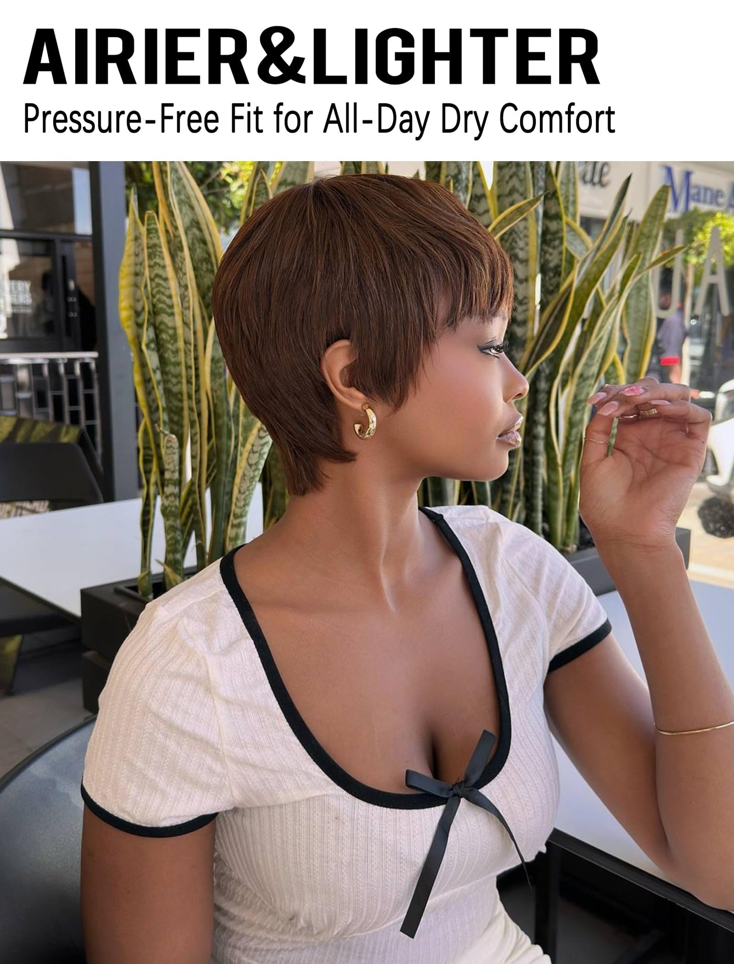 Realloves Pixie Cut Wig Human Hair Glueless Wear & Go Brazilian Virgin Remy Hair with Pre-Cut Bangs Short Wigs for Black Women, Full Machine Made Lightweight & Breathable Cap Chocolate Brown Color