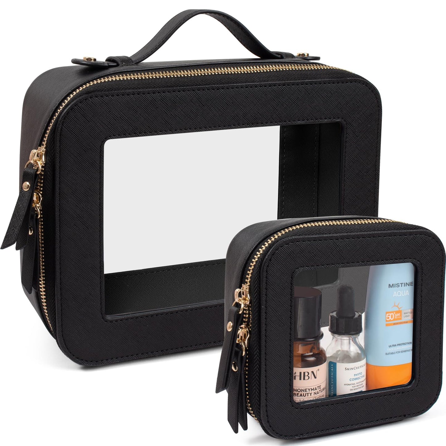 LETGO 2 Pack Clear Travel Toiletry Bag for Women,Large & Mini Waterproof PU TSA Approved Cosmetic Pouches,Portable Beach Vacation Makeup Organizer Set,See Through Skincare Sunscreen Bags for Women