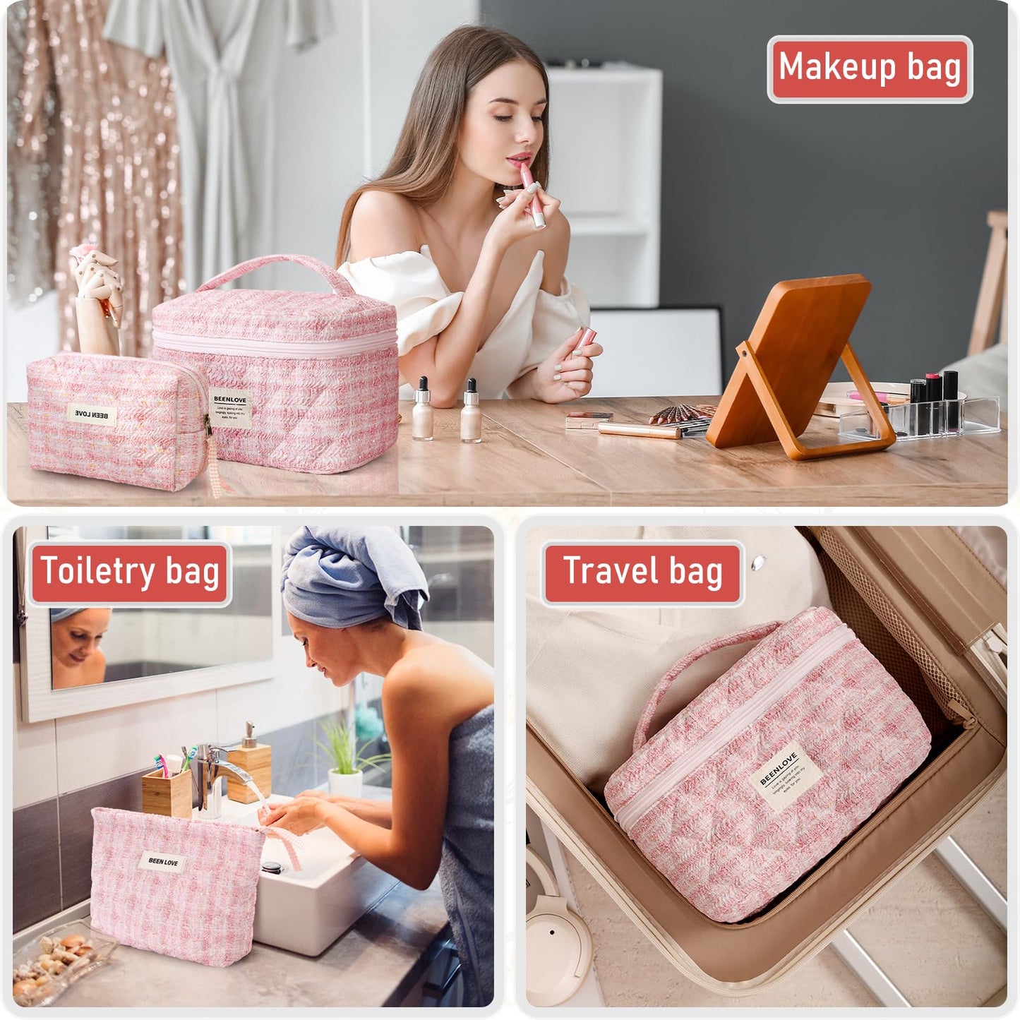 Large Makeup Bag Floral Cosmetic Bag Quilted Flower Travel Makeup Toiletry Bags Set Organizer Cotton Cute Make Up Accessories Zipper Bags Pouch Travel Essentials Gifts for Women Teen Girls Pink