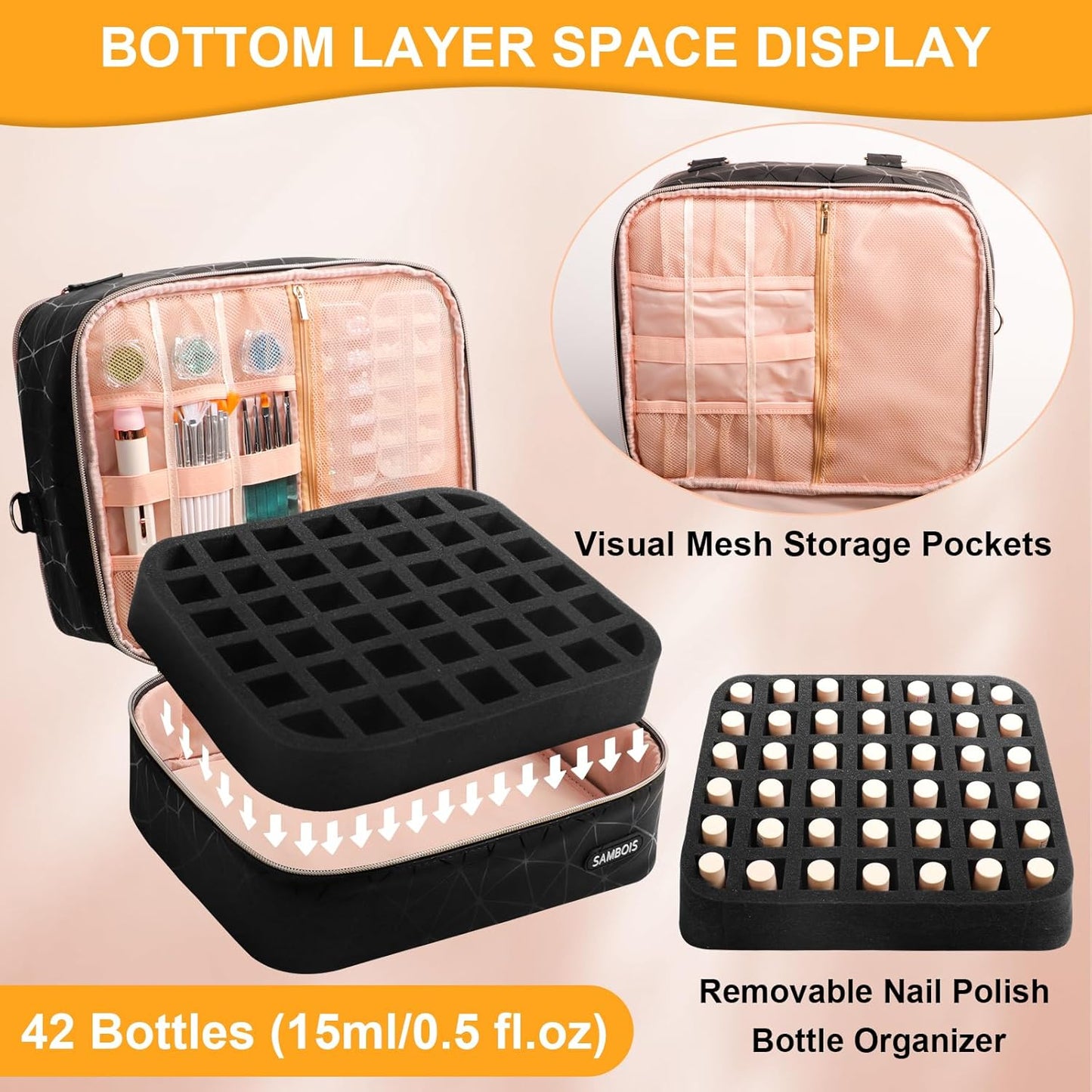 Nail Polish Organizer Bag - Holds 84 Bottles & Nail Lamp | PU Leather Travel Case (Black)