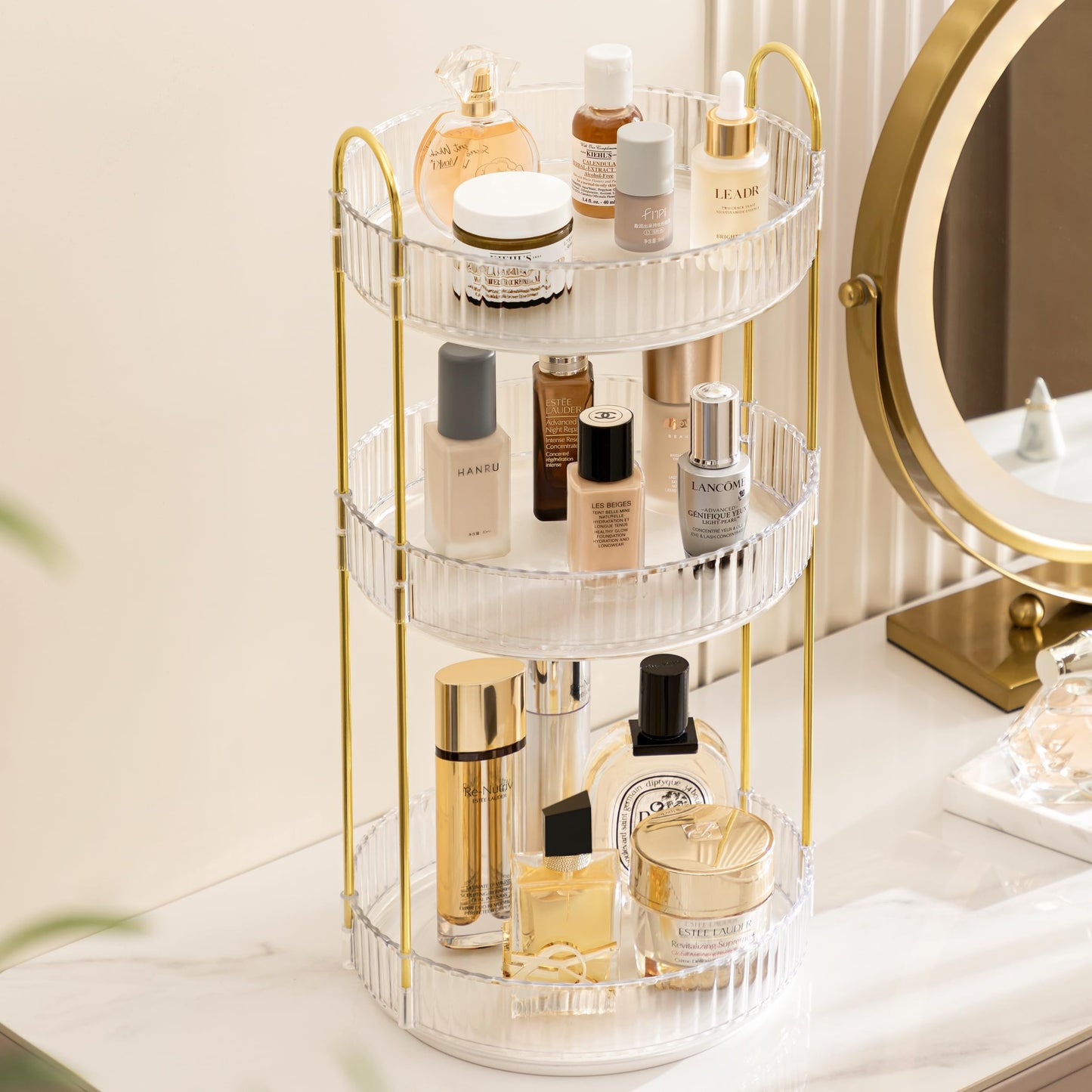 3-Tier Rotating Makeup Organizer, 360° Spinning Cosmetic Storage, 18.5" Height Clear Vanity Display with Gold Metal Frame