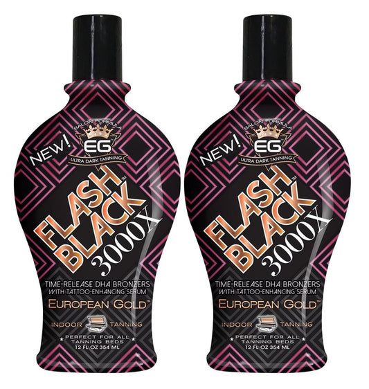 Set of 2: European Gold Flash Black 3000X Indoor Tanning Lotion with Time-Release DHA Bronzers, 12 oz