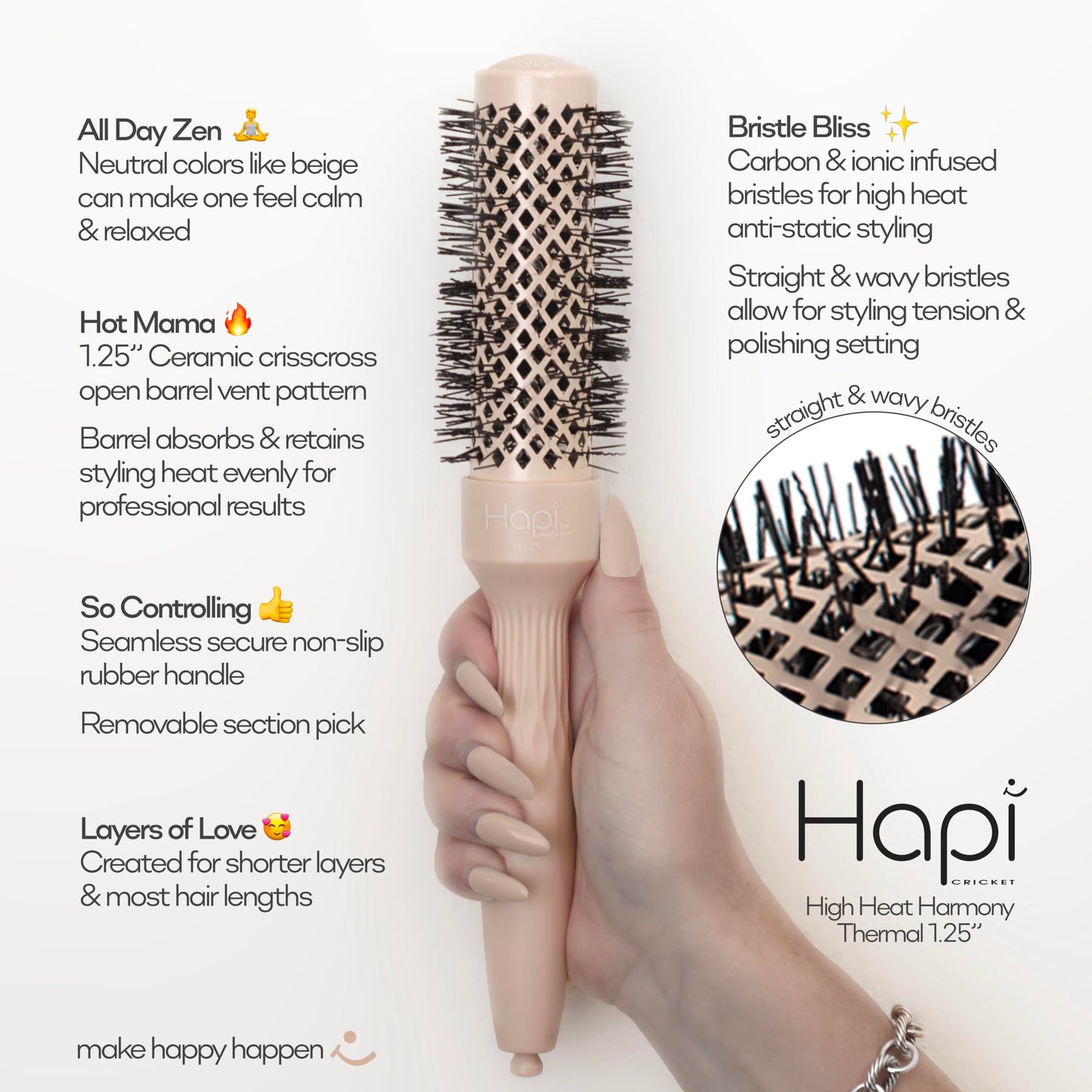 Cricket Hapi High Heat Harmony Thermal Brush, 1.25", Beige