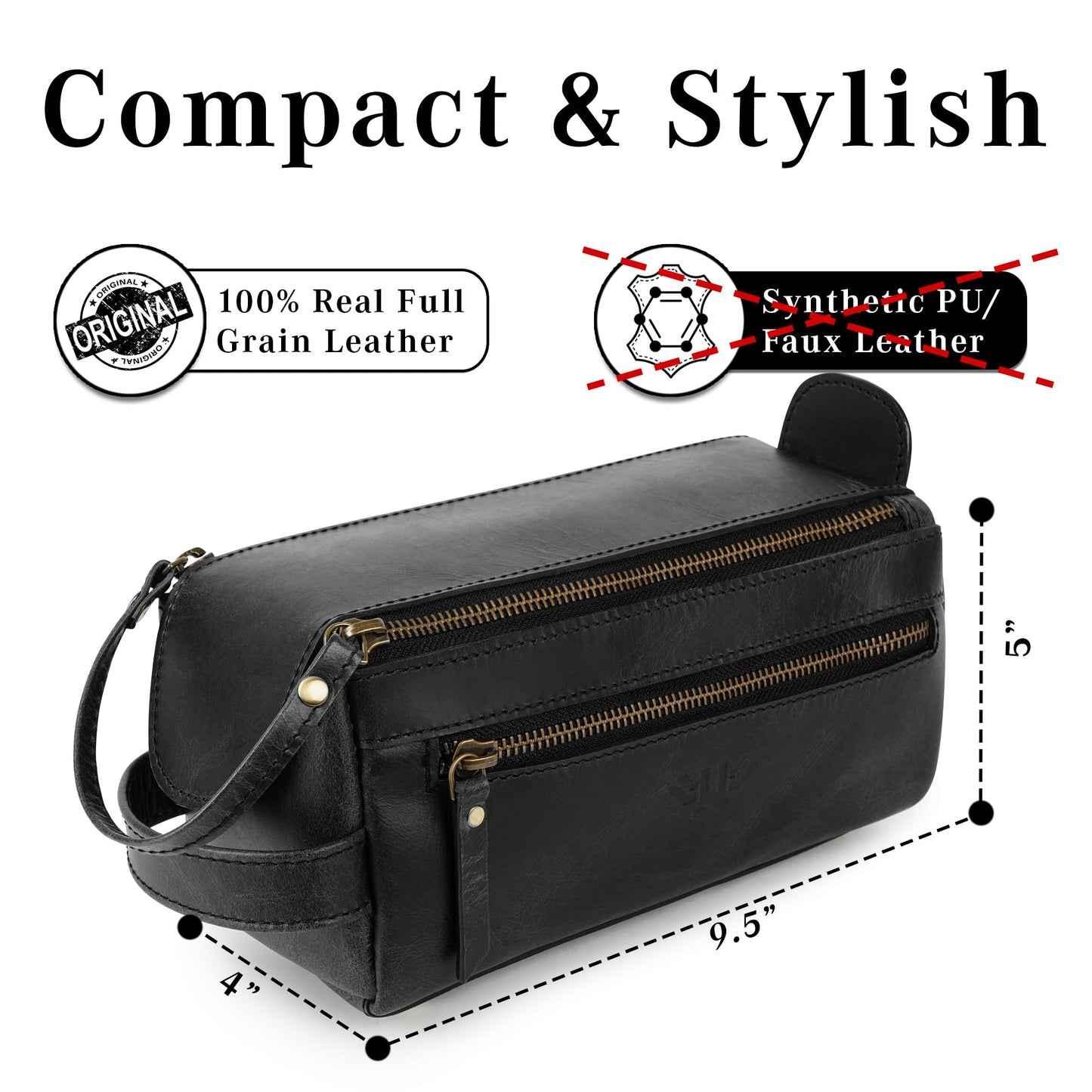LushLuxeoria Premium Handmade Leather Toiletry Bags for Men and Women, Genuine Leather Dopp Kit and Shaving Bag for Men, Travel Cosmetic Bag for Women's and Men's, Zipper Pocket, Black