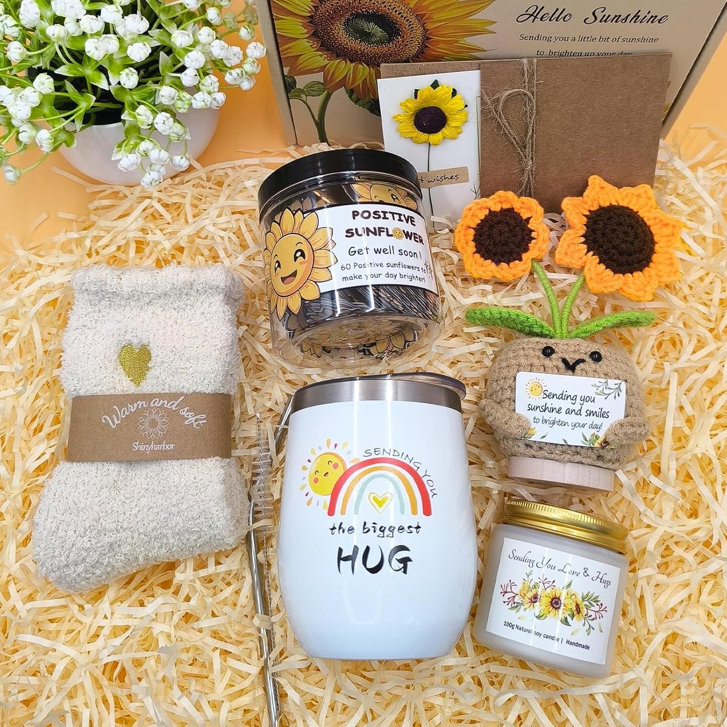 Get Well Soon Gift Basket - Unique Sunshine Care Package with Inspirational Sunflower | Healing Gifts for Women & Men