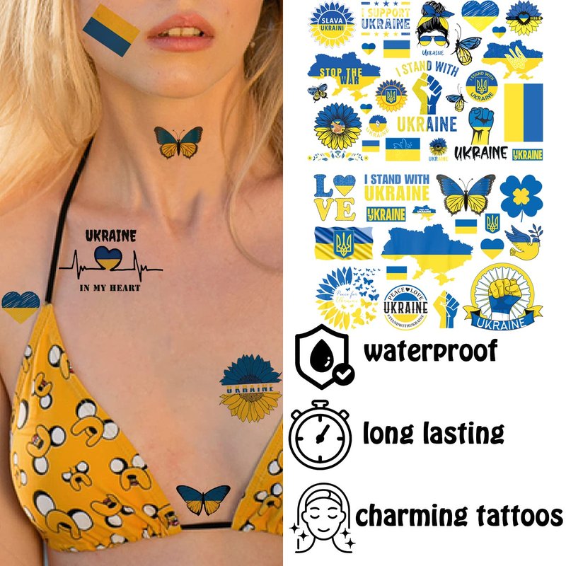 Ukraine Temporary Tattoos - 8 Patriotic Designs, Blue & Yellow | Non-Water Resistant for Adults