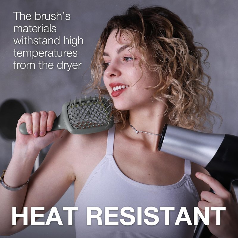 Janeke Curvy Hair Brush with Ergonomic Handle – Vented Brush for Blow Drying & Smoothing – Anti Static Detangler for Thick, Curly & Wet Hair (Green - Gray)