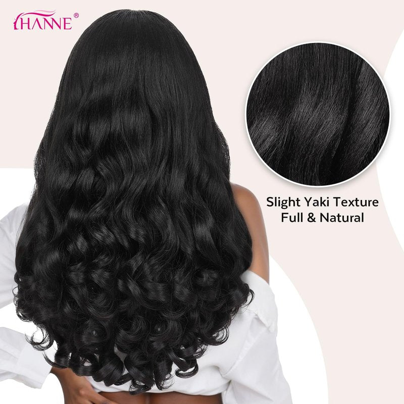 HANNE Yaki Curly V Part Wig U Part Synthetic Half Wigs for Black Women 22 Inch Heat-Resistant Hair Replacement Wig (Natural Black)
