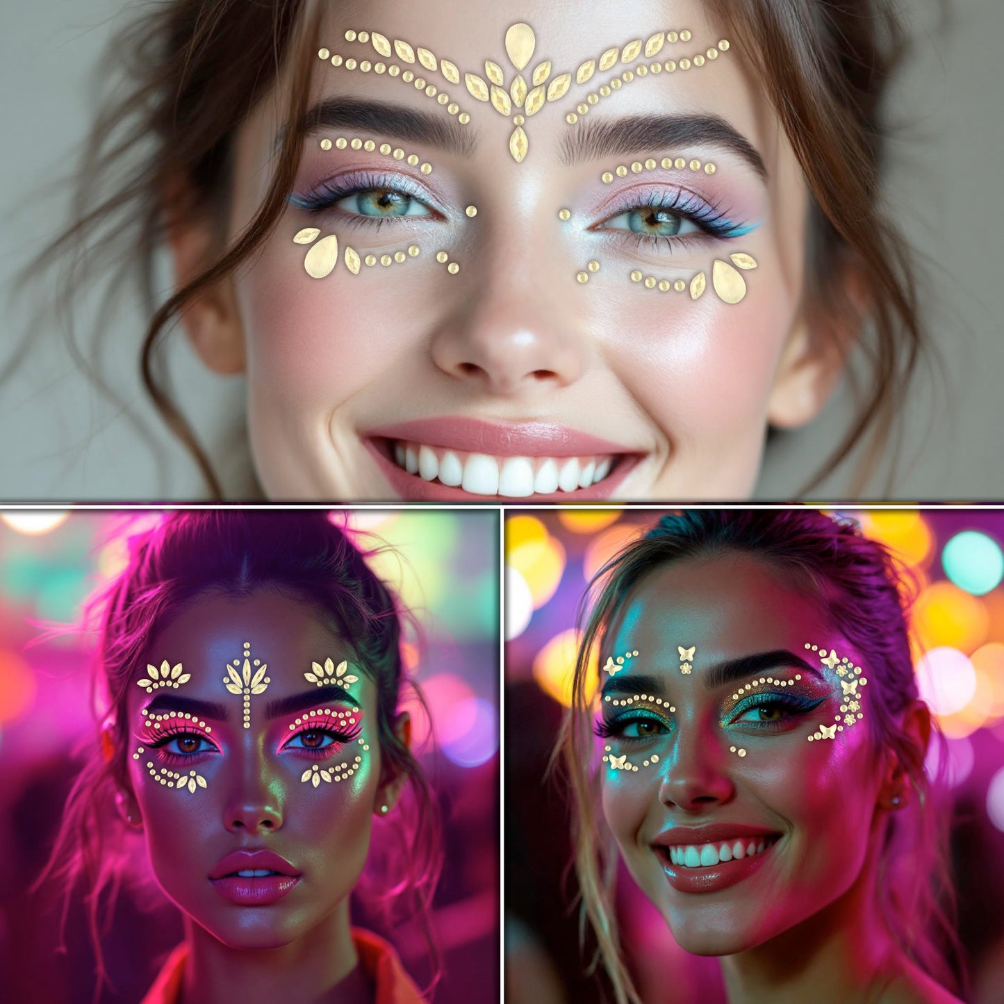 3 PCS Face Gems – Face Jewels - Self-Adhesive Rhinestone Face Jewels for Makeup, Party & Rave Looks - Eye Gems, Face Glitter, Self- Adhesive Festival Gems Festival, Glitter Tattoo, Face Gems