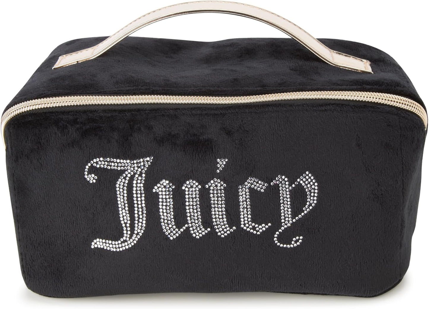 Juicy Couture Black Makeup Bag - Velour Cosmetics Organizer with Rhinestone Gold Handle | Travel Essentials