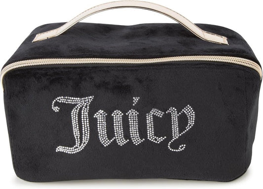 Juicy Couture Black Makeup Bag - Velour Cosmetics Organizer with Rhinestone Gold Handle | Travel Essentials