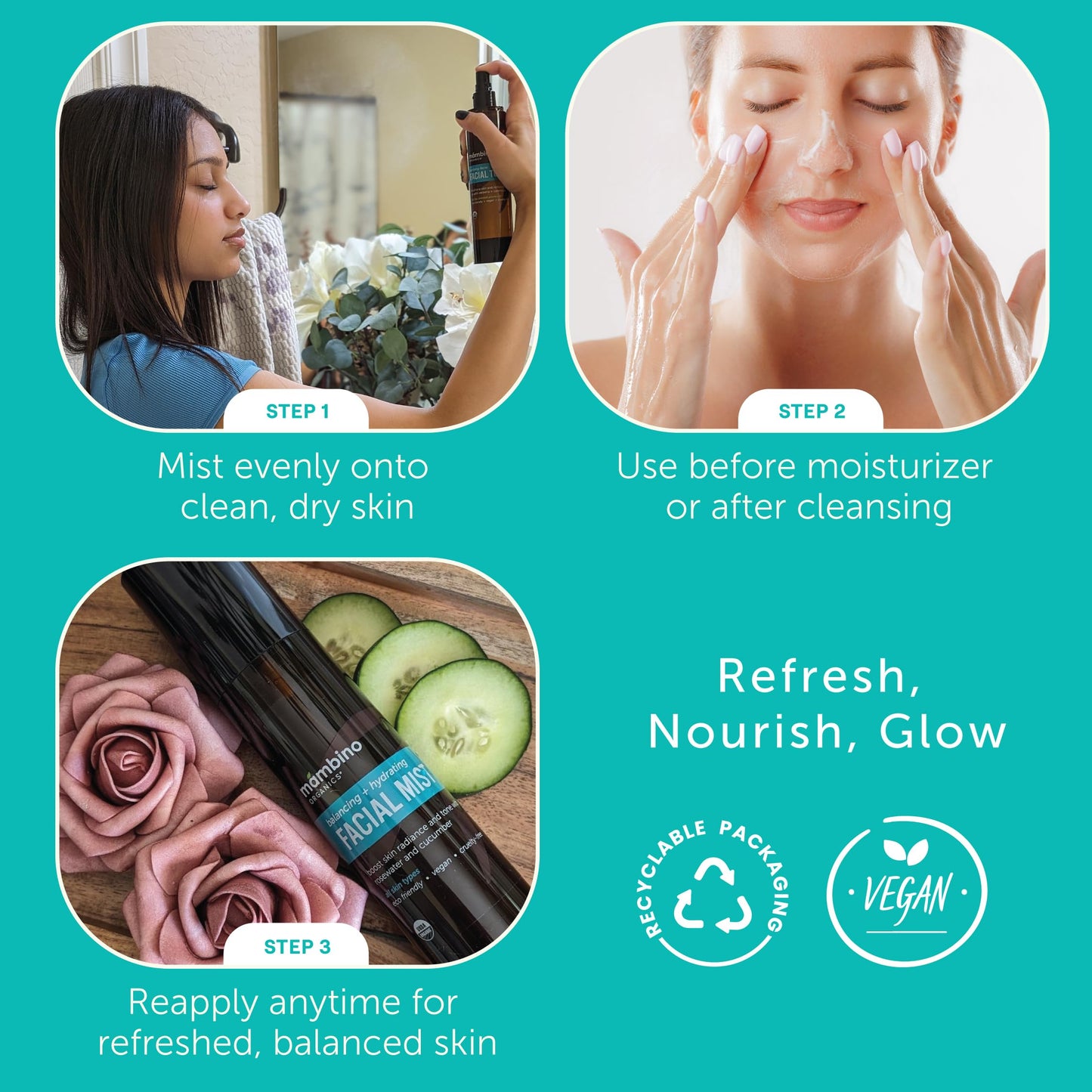 Mambino Organics Hydrating Facial Mist & Toner, Organic Rose Water Face Mist with Cucumber, Vegan Facial Spray for Sensitive Skin, Cruelty-Free Skincare, 4 fl oz, 2 Pack