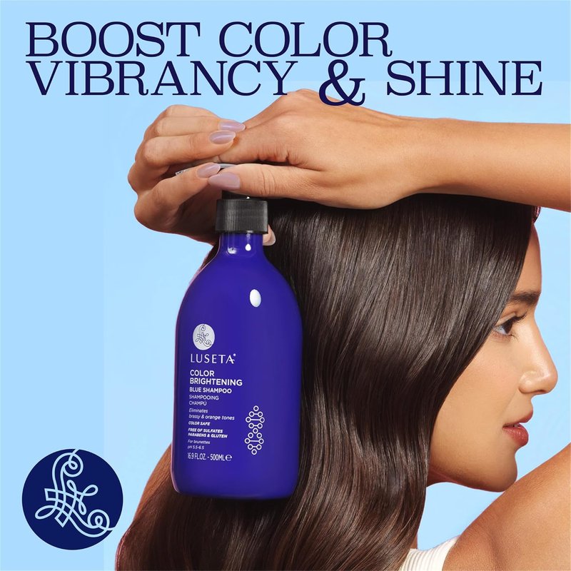 Luseta Color Brightening Blue Shampoo - Neutralizes Brassy Tones for Brunettes | 16.9oz, Sulfate-Free
