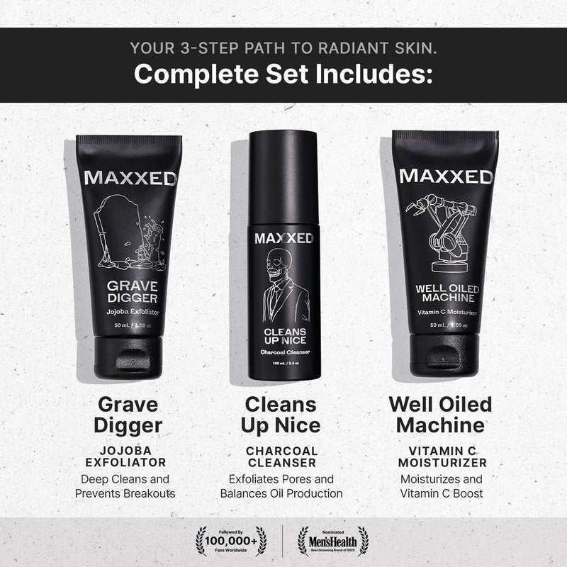 MAXXED Acne Essentials Skincare Kit - Charcoal Face Wash, Vitamin C Moisturizer and Jojoba Face Scrub for Oily Skin, Breakouts, Razor Bumps, Dullness - Daily Skin Care Routine Set of 3
