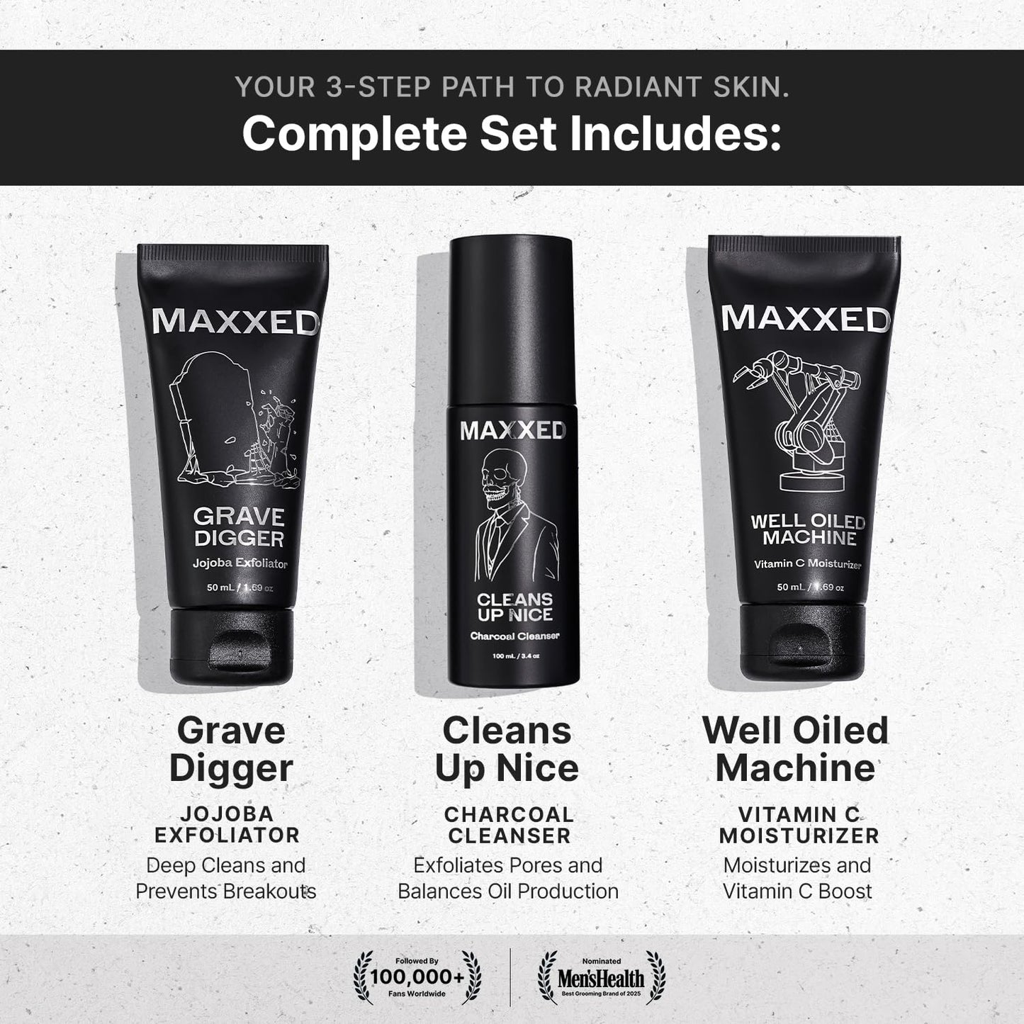 MAXXED Acne Essentials Skincare Kit - Charcoal Face Wash, Vitamin C Moisturizer and Jojoba Face Scrub for Oily Skin, Breakouts, Razor Bumps, Dullness - Daily Skin Care Routine Set of 3
