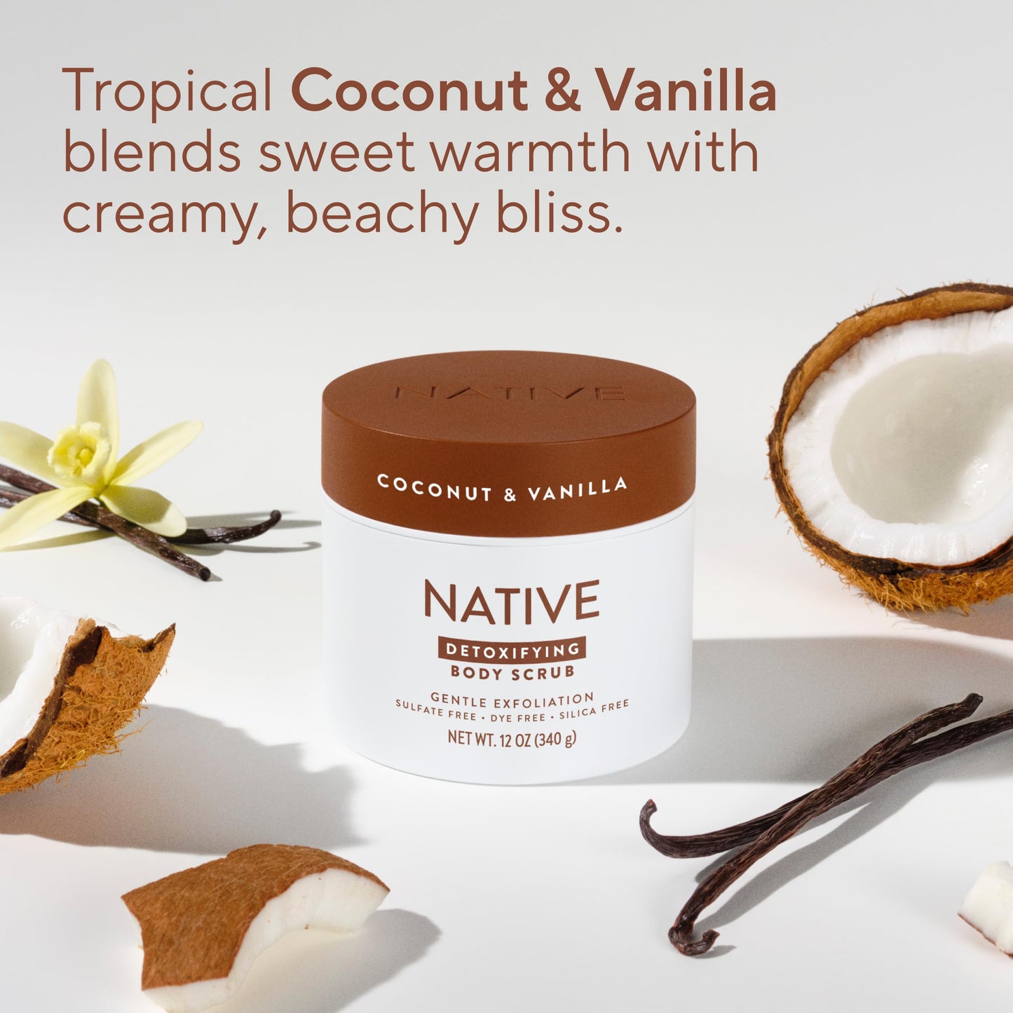 Native Exfoliating Body Scrub Bundle, Gentle Body Polish for Soft, Smooth Skin, Made without Sulfates, Parabens, or Dyes, Coconut & Vanilla + Sweet Peach & Nectar Scents, 12 oz (Pack of 2)