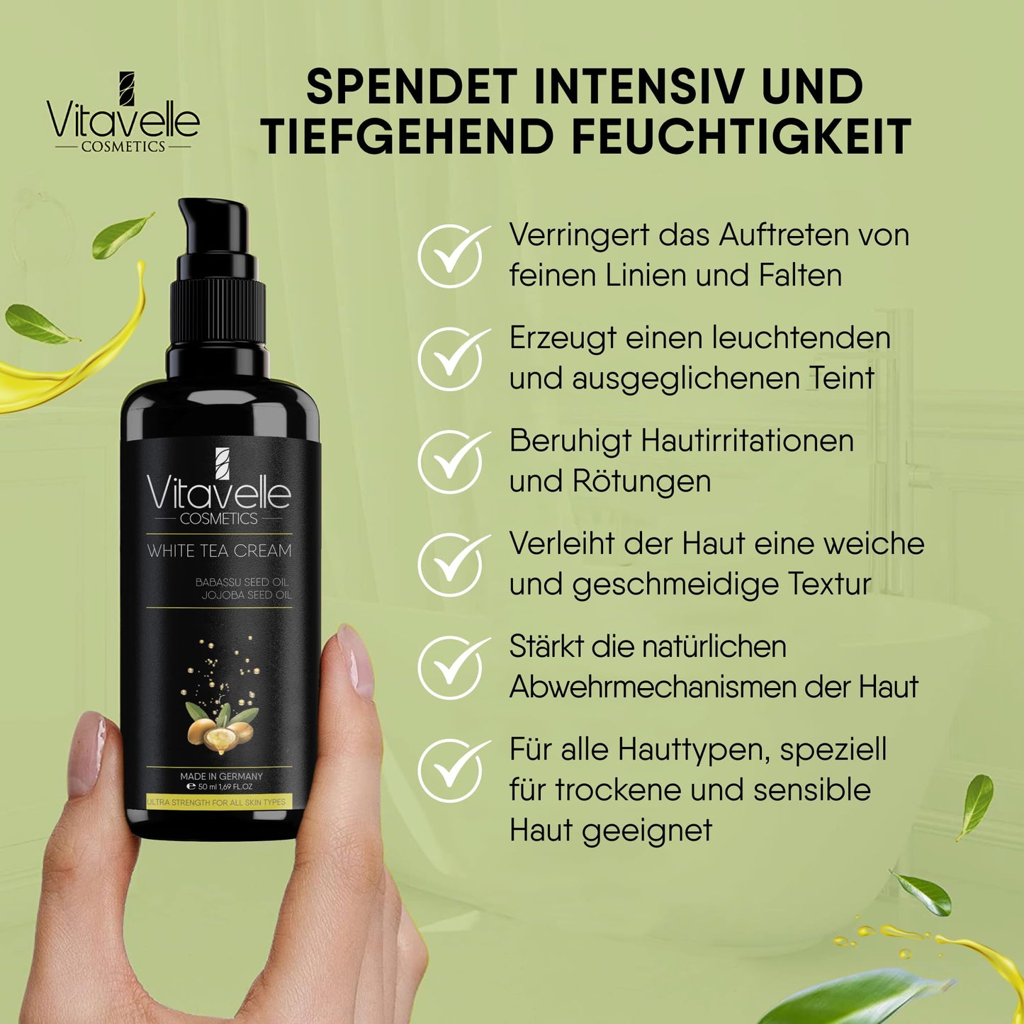 VITAVELLE White Tea Face Cream – Lightweight Antioxidant Moisturizer for Sensitive & Delicate Skin (1.69 Fl Oz)