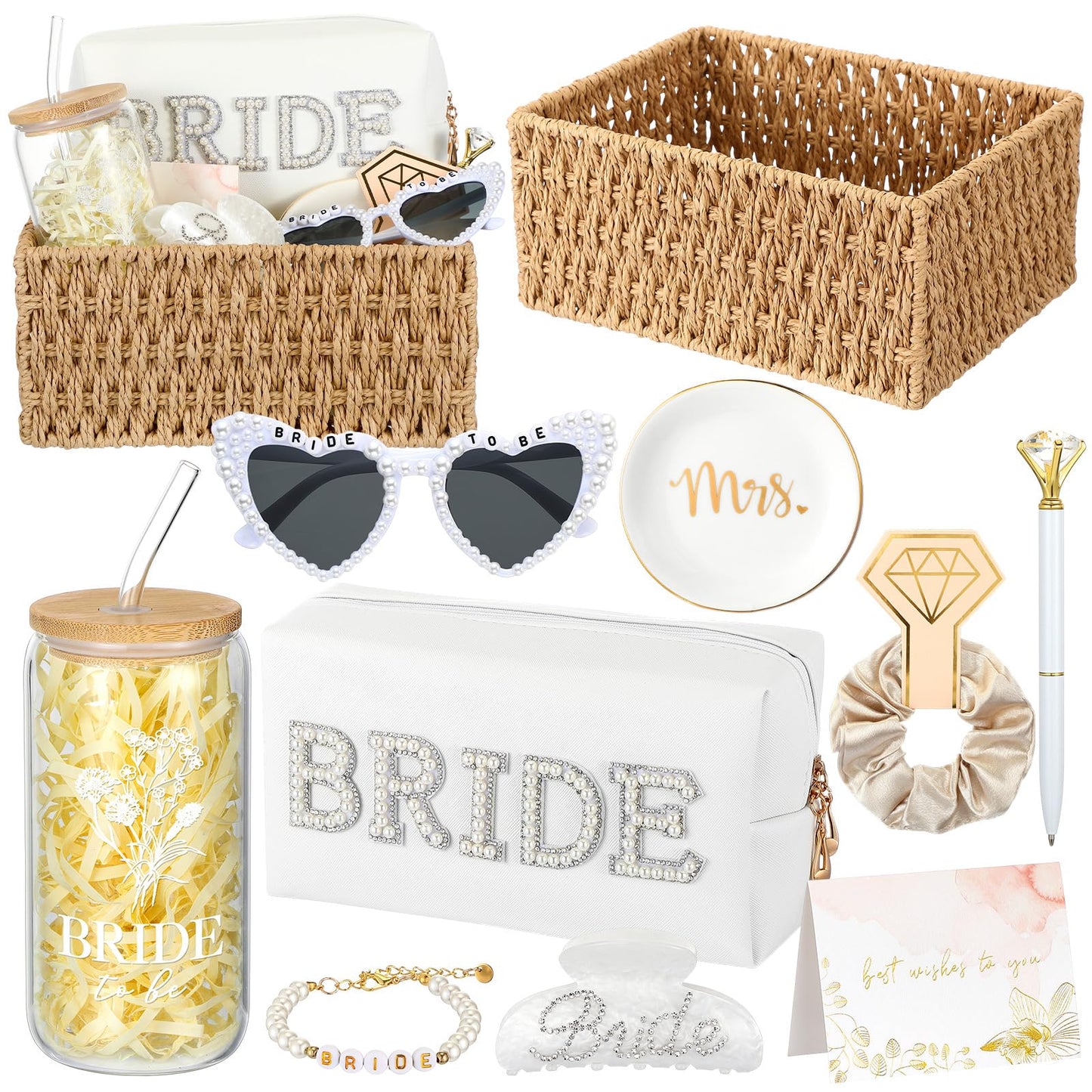 LemonRoad 11 Pcs Bride Gifts Basket Set for Bridal Shower Bachelorette Party Heart Glasses Glass Cup Makeup Bag Bracelet Claw Clip Scrunchies Card Bride to Be Box Wedding Engagement Gifts for Her