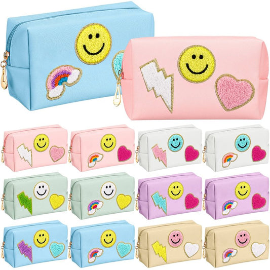 Sanwuta 12 Pcs Preppy Patch Makeup Bag Chenille Letter Cosmetic Bag PU Leather Preppy Organizer Smile Heart Toiletry Pouch Portable Waterproof Storage Purse Pouch for Women(7 Inch,Cute,Multicolor)