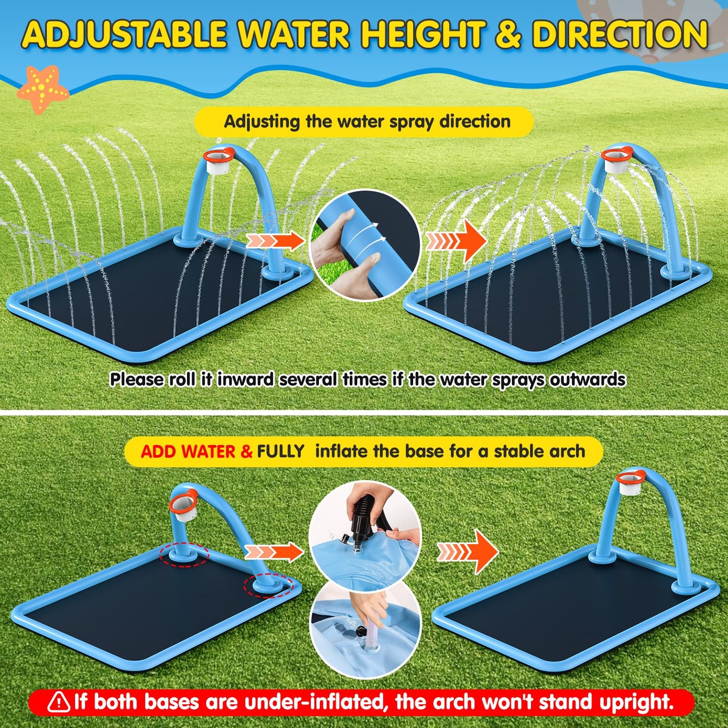 Instraella Splash Pad, 110x91'' 2-in-1 Large Sprinkler Mat with Basketball Hoop and Arch for Kids Outdoor Play, Shoot Game for Backyard, Inflatable Water OutdoorToys More Fun for Boys and Girls