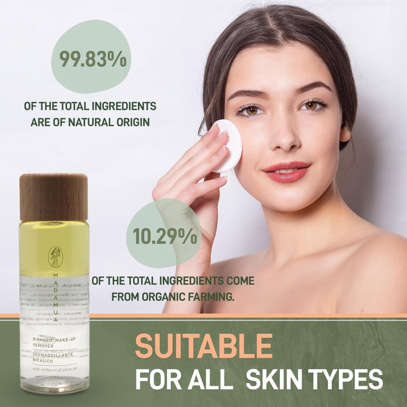 Biphasic Waterproof Eye Makeup Remover - Millennial Olive Oil Based Gentle Natural & Organic Mascara Remover, Travel Size & Liquid, Moisturizing Care Eye Make up Removal Liquid for Sensitive Skin
