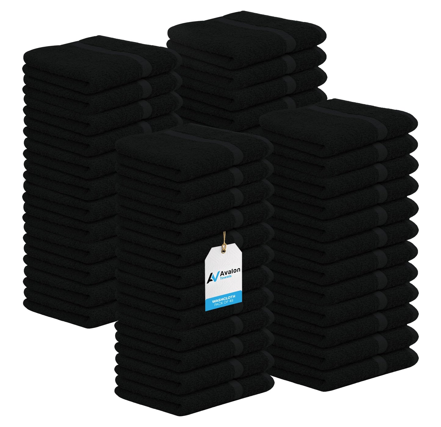 Avalon Towels Wash Cloths for Showering 48 Pack 100% Cotton Black Washcloths Bulk 12x12 Wash Rags, Facial Towel, Face Towels for Body, Bath Washcloth, Fingertip Towel