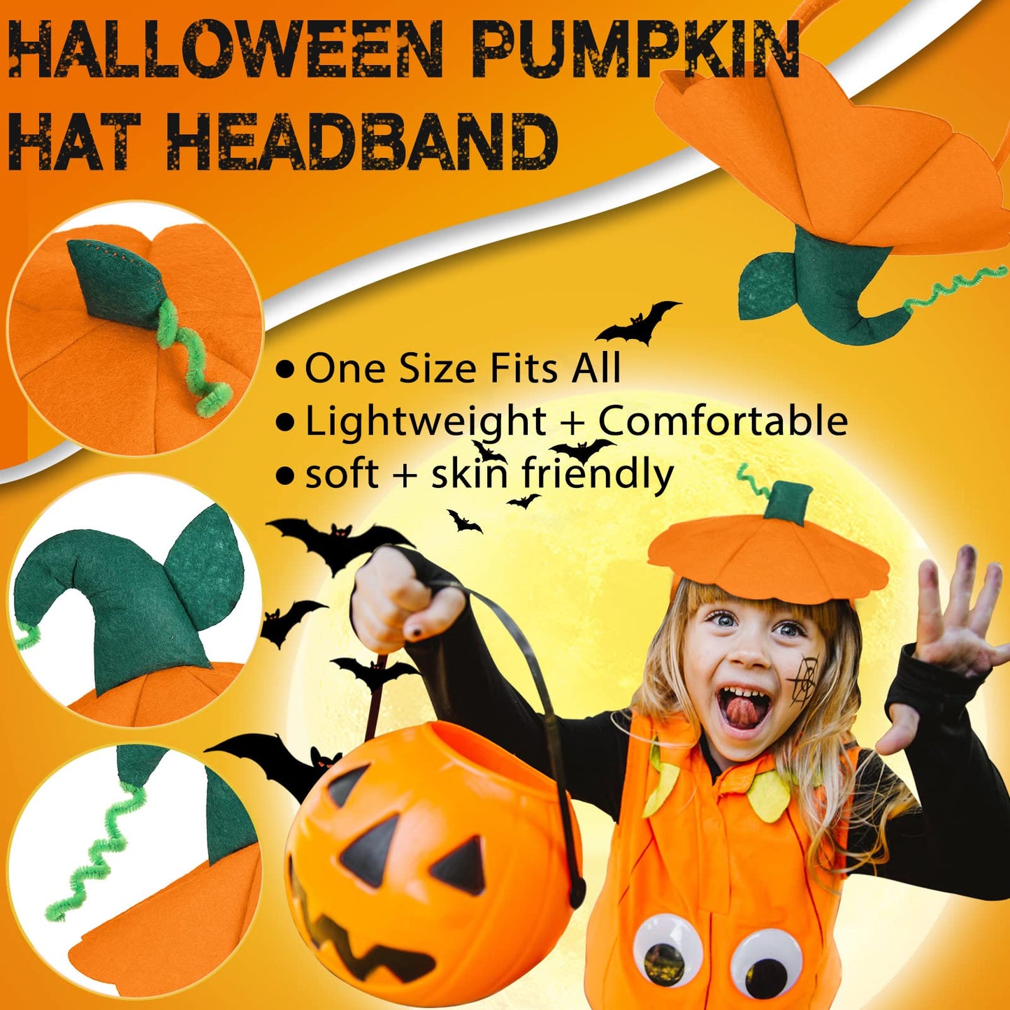 Wavyknot 18 Pcs Halloween Pumpkin Headband Halloween Pumpkin Headwear Headband Top Hat Headpiece Hair Hoop for Costume Accessories