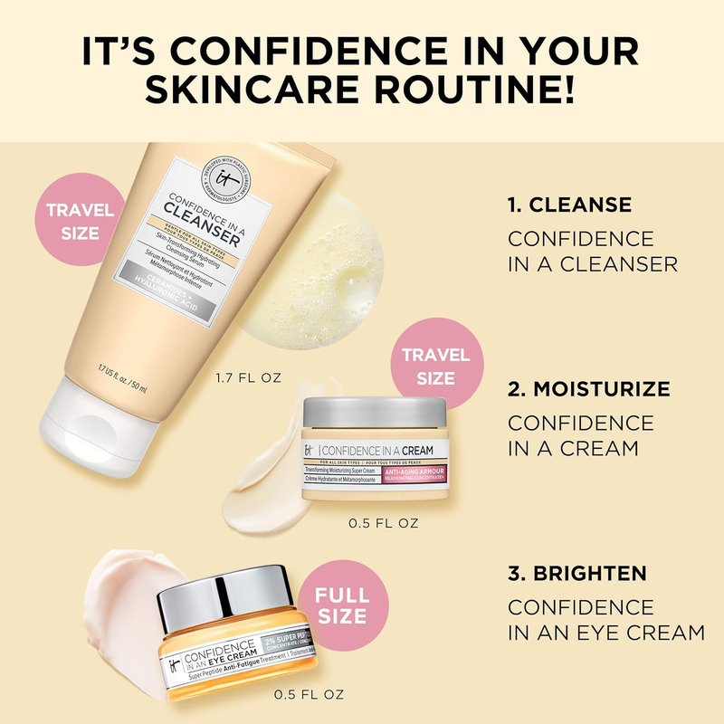 IT Cosmetics Radiance Boosting Skincare Gift Set - 3-Piece Anti-Aging Eye Cream, Moisturizer & Cleanser | Vegan Travel Sizes