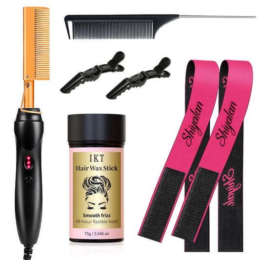 Hot Comb Set 19 Pcs, Electric Hair Straightener Curling Iron for Natural Black Hair Wigs Pressing with Wig Glue