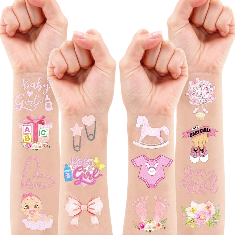 100 PCS Baby Girl Temporary Tattoos - Pink Rose Gold Floral Stickers for Baby Shower Decorations, Birthday Party Favors & Supplies