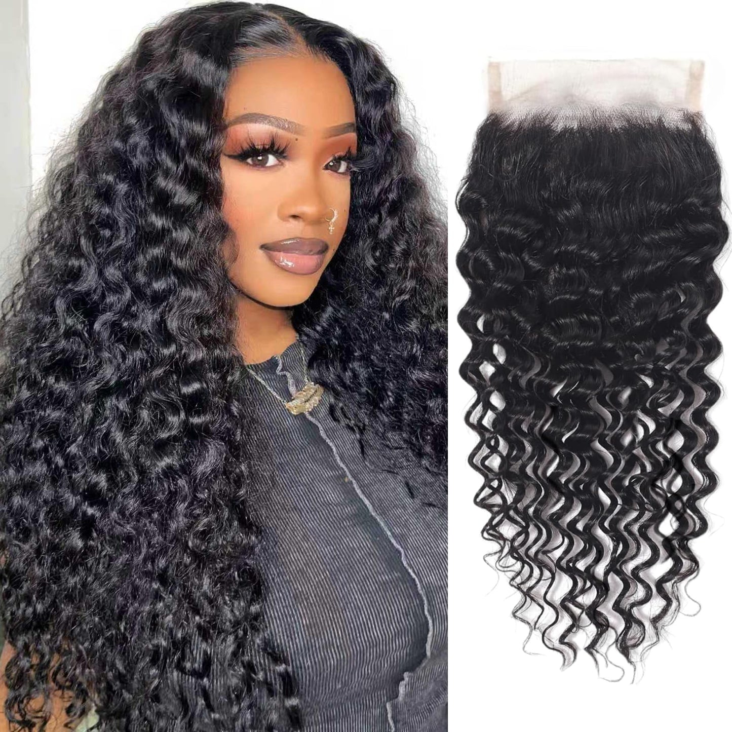 4x4 HD Lace Closure Human Hair Deep Wave Closure Free Part 20 Inch 100% Unprocessed Brazilian Virgin Human Hair Extensions Pre Plucked 150% Density Natural Black