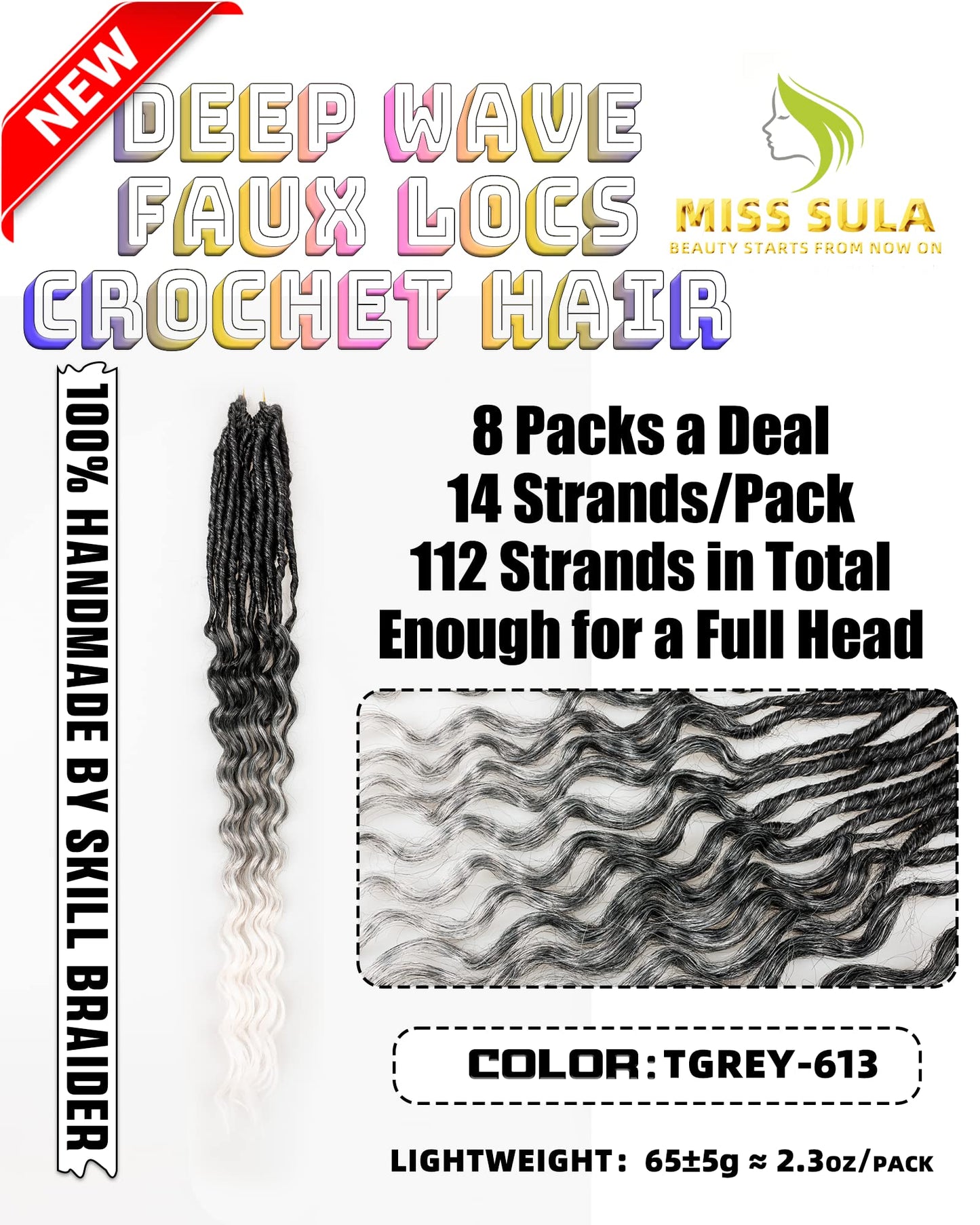 Faux Locs Crochet Hair for Black Women- 24 Inches 8 Packs Pre Looped Ombre Grey to White Synthetic Hair Extensions, Soft Goddess Locs Braids with Long Deep Wave Curly Ends(112 Strands,Tgrey/613)