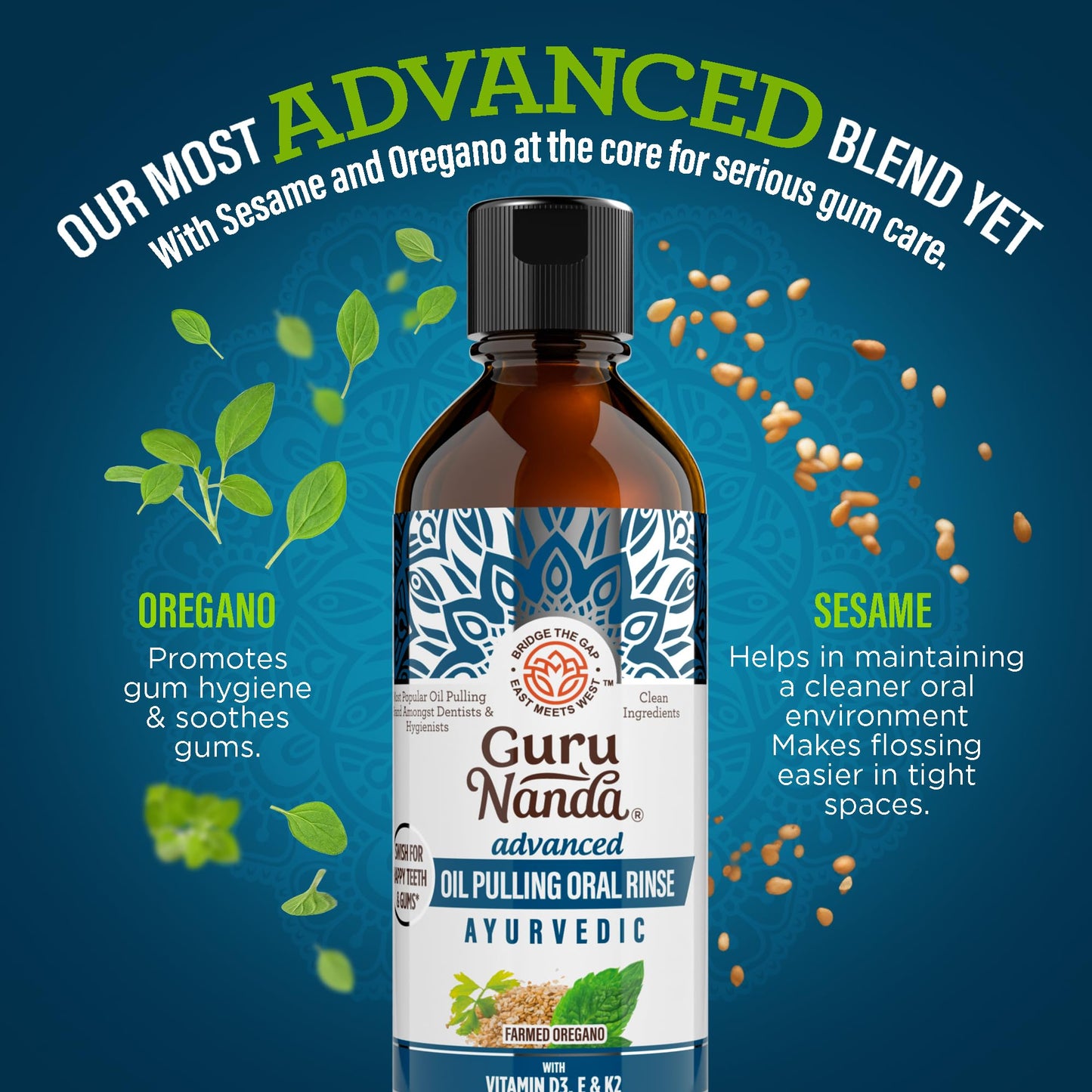 GuruNanda Advanced Oil Pulling Mouthwash for Enhanced Oral Care with Sesame & Oregano Oil, Promotes Deep Cleaning for Healthy Teeth & Gums, with Toothbrushes & Tongue Scrapers, Alcohol-Free, 3X8 Oz