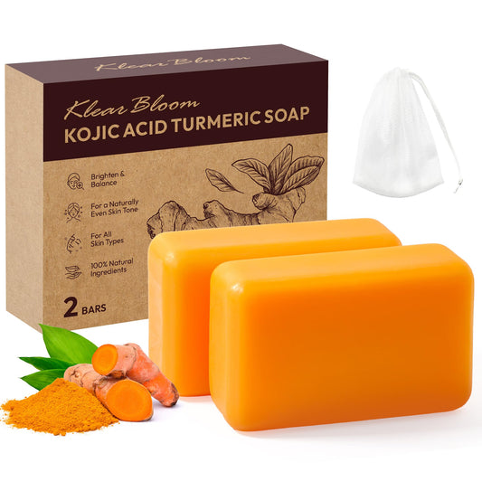 KlearBloom Kojic Acid Soap, Turmeric Soap Bar for Dark Spots Brightening & Moisturizing with Collagen, Vitamin E, Retinol, Hyaluronic Acid, Shea Butter, Paraben & Sulfate-Free 105g x4 Bars With Holder