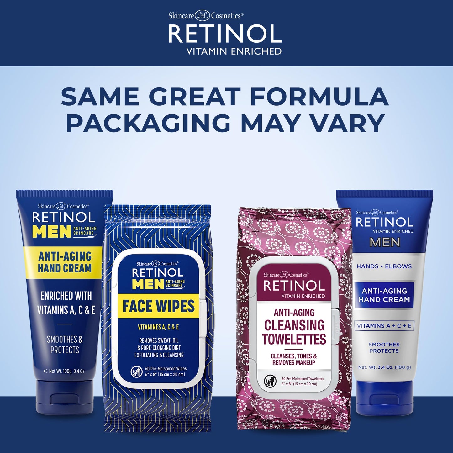Retinol Men Anti- Aging Facial Wipes - Quickly cleanses Face from Sweat, Oil and Pore-Clogging Dirt without any heavy residue + Retinol Men Anti-Aging Hand Cream For Younger Looking Hands