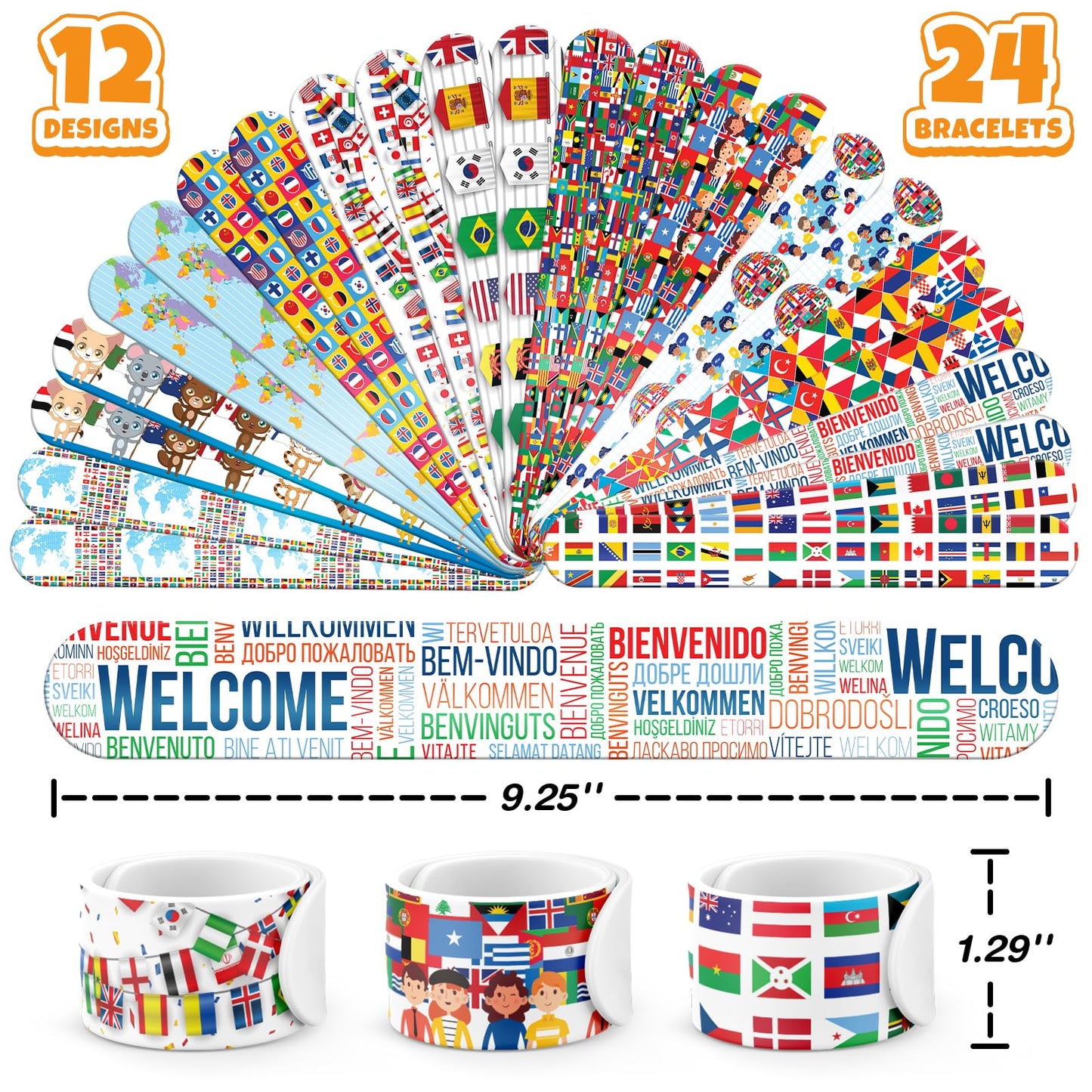 96 PCS World Flag Party Favors – 72 Pre-Cut Temporary Tattoos & 24 Slap Bracelets for Kids, Multicultural Birthday Supplies & Classroom Rewards