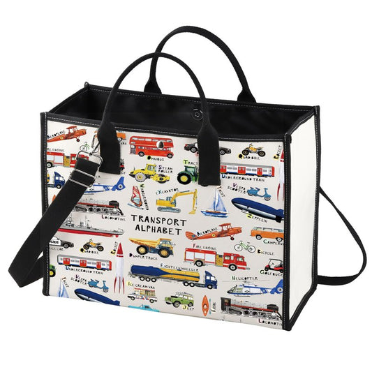 LEVLO Transport ABC Canvas Tote Bag Vehicle Alphabet Gift Transport Alphabet Shoulder Bag Car A-Z Merchandise (Transport LT)