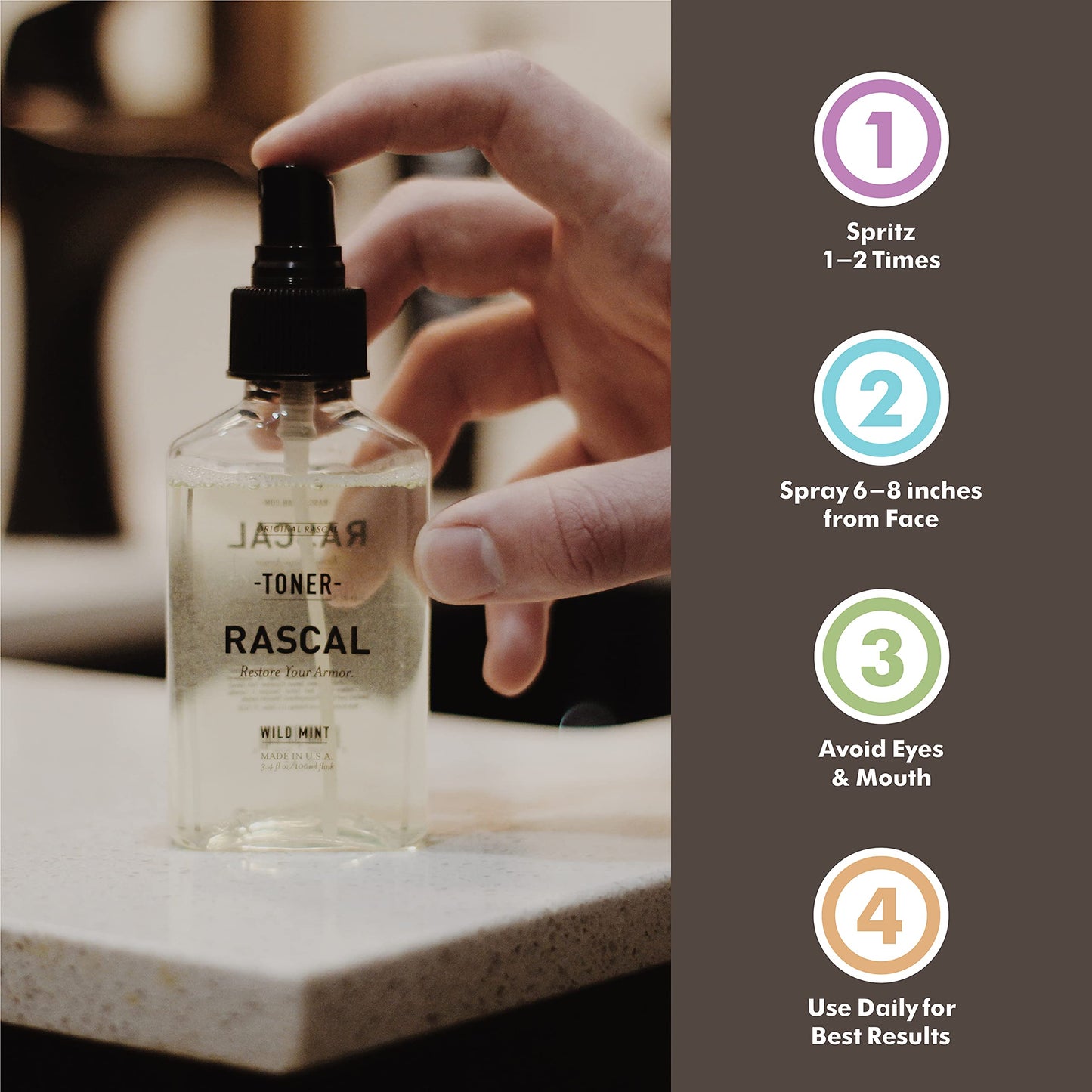 Rascal Face Toner for Men - Sage Oil, Beetroot & Caffeine to Reduce Wrinkles and Clear Away Impurities (3.4 Fl Oz)