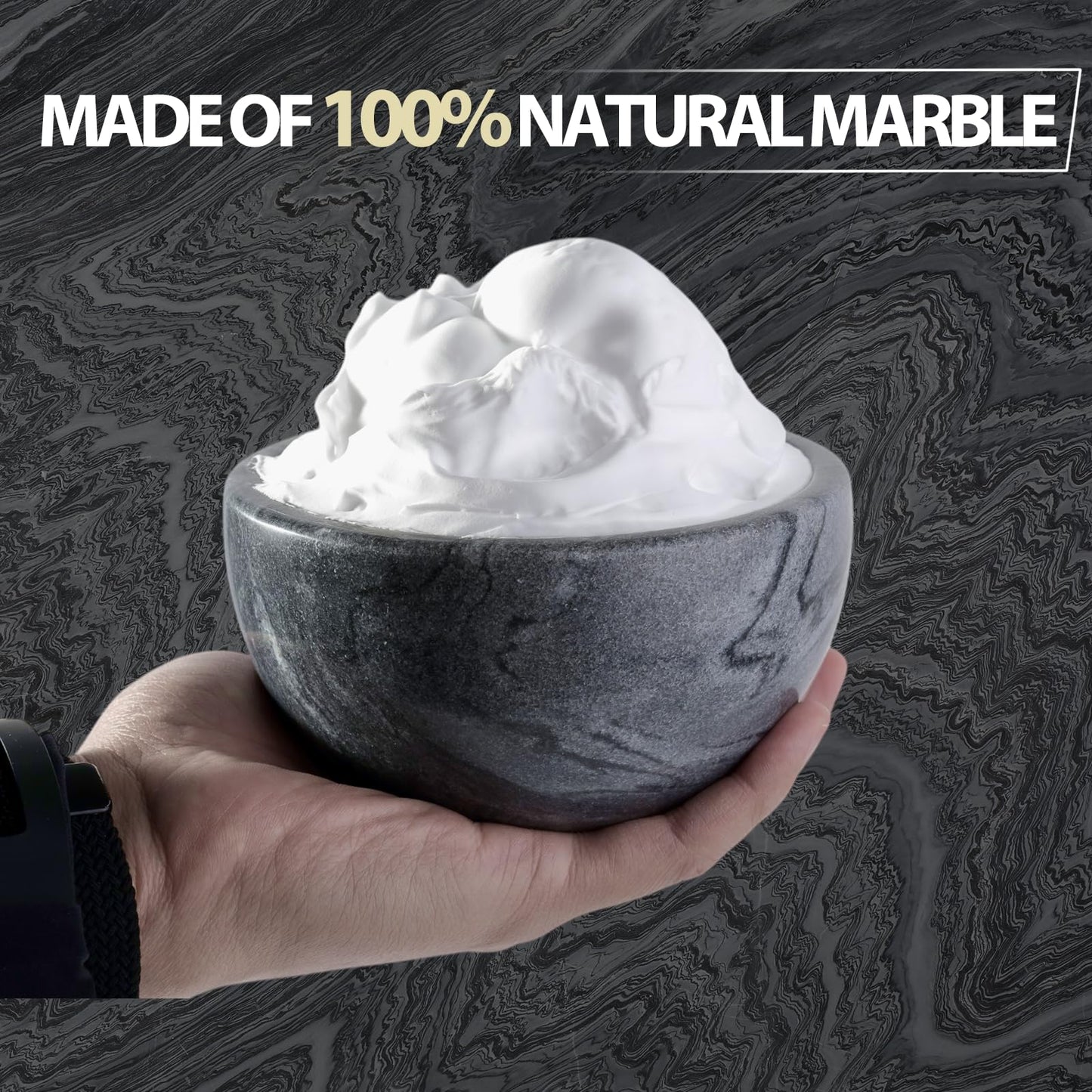 Koville Marble Shaving Soap Bowl 5'' Gray Handmade Shaving Cream Bowl, Marble Bowls For Shaving Foam, Shave Soap Bowl, Shaving Kit Bowl, Shaving Cup Gift for Men with 2 pack Shaving Brush