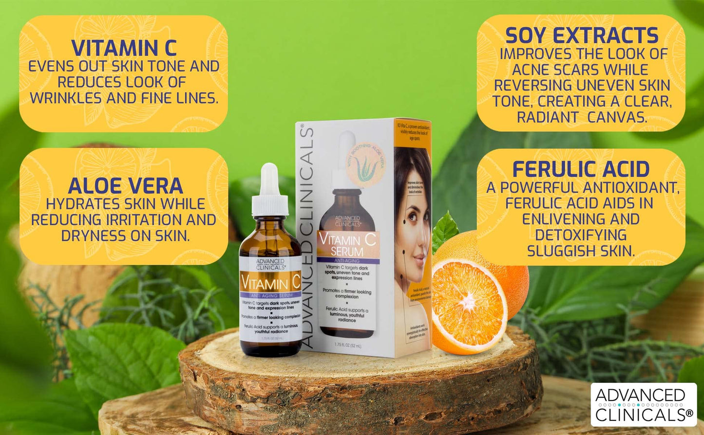 Advanced Clinicals Retinol Anti-Aging Facial Serum + Vitamin C Brightening Facial Serum + Hyaluronic Acid Hydrating Facial Serum Set