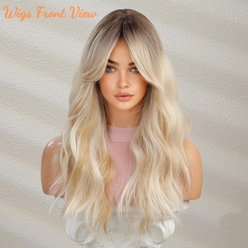 Wavy Blonde Wig with Bangs - Ombre Curtain Bangs, Long Ash Blonde Hair | Heat-Resistant Synthetic Wig for Halloween & Cosplay