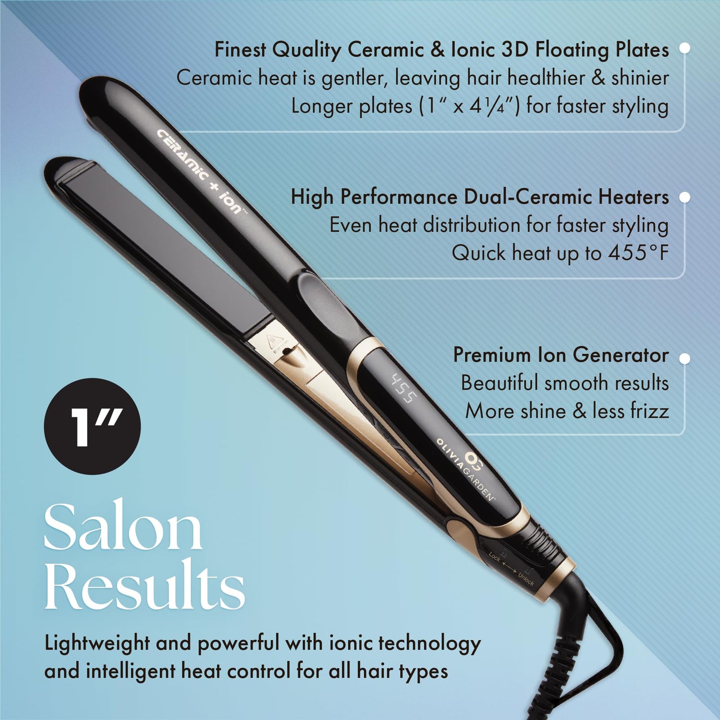 Olivia Garden Ceramic + Ion Professional Flat Iron - Dual Voltage Hair Straightener with Compact 3D Floating Plates - Heats Up to 430°F - Ideal for Short Hair