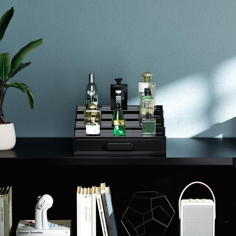 ProCase 4 Tiers Lacquered Finish Wooden Cologne Organizer for Men, Perfume Display Stand Shelf with Drawer, Men's Cologne Storage Rack, A Perfect Cologne Holder Gift for Father Dad -Black