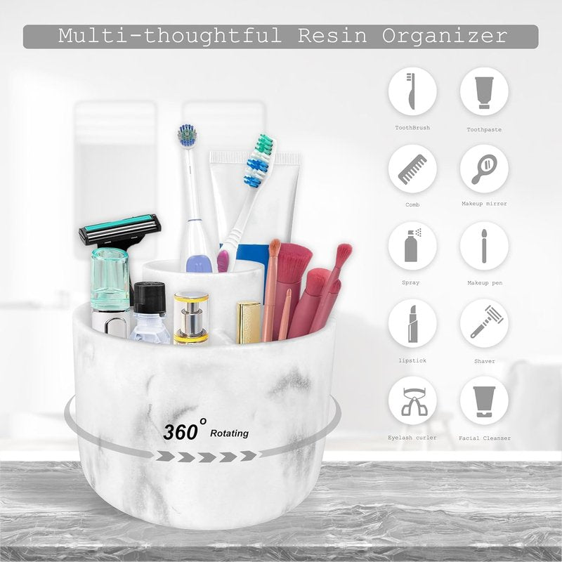 Makeup Brush Holder Organizer - 360° Rotating Resin Case | 4 Slot White Marble Storage for Cosmetics & Tools