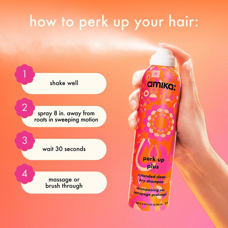 amika Perk Up Plus Extended Clean Dry Shampoo, 2.5oz | revitalizes roots + boosts time between washes with no residue or build up | for all hair types