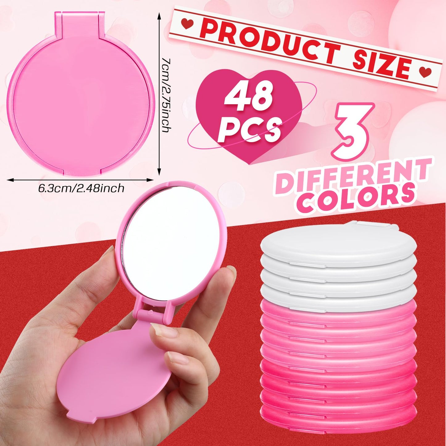 Weysat 48 Pcs Mini Compact Mirror Bulk for Women Gifts Pink White Small Round Portable Folding Pocket Mirror for Purse Travel Makeup Christmas Wedding Birthday Party Favors