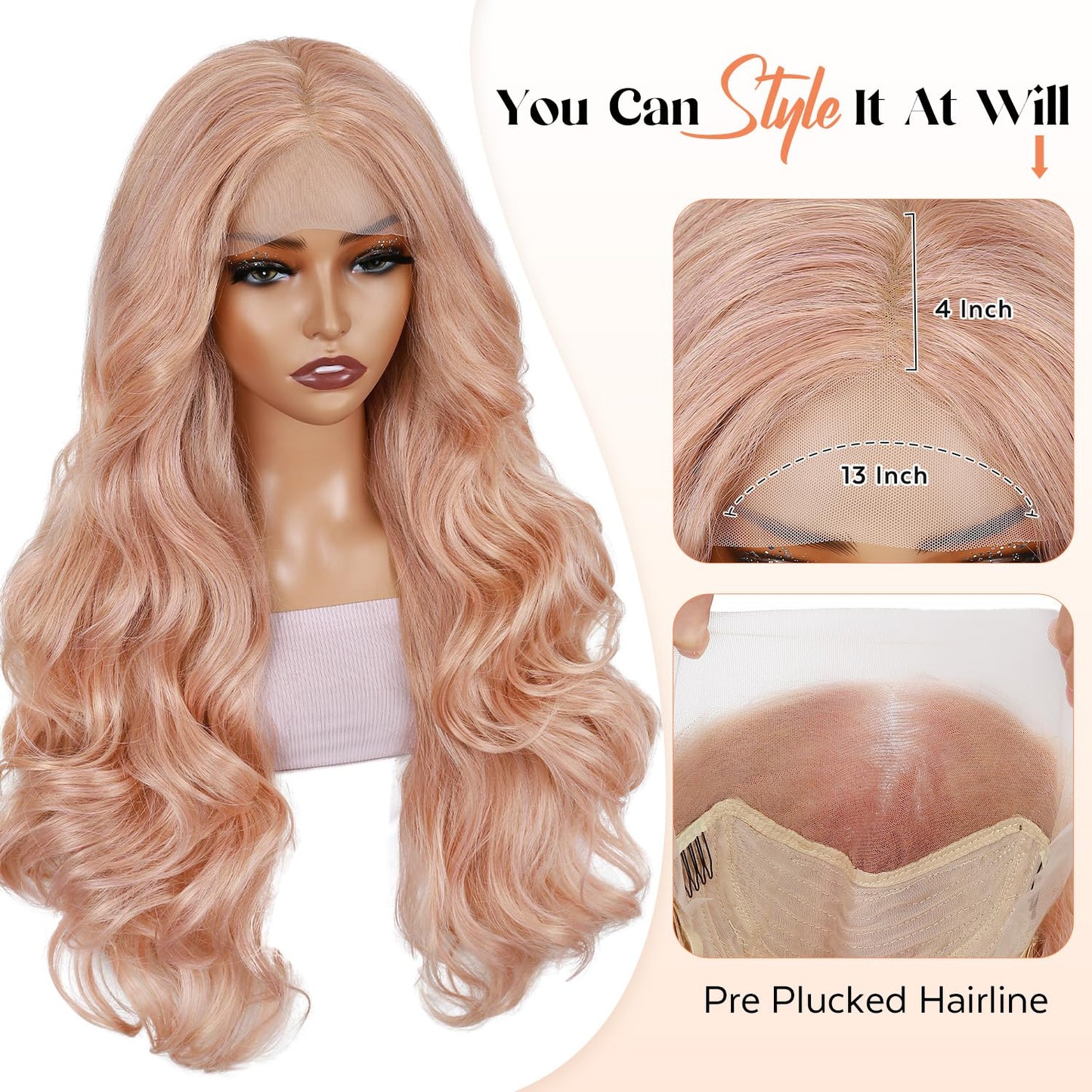 Lady Miranda Pink Synthetic Lace Front Wigs Kanekalon Fiber 26 Inch 13×4 Pre-Plucked Glueless Lace Front Long Wave Wigs with Baby Hair Ready to Wear Light Pink Wig Synthetic Wig for Black Women